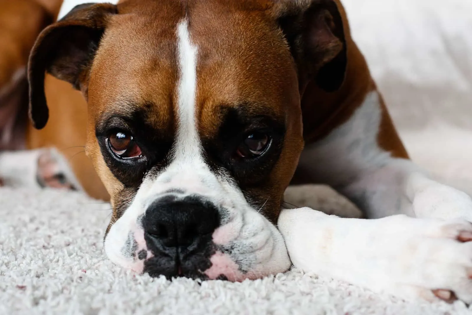 Weiblicher reinrassiger Boxerhund sieht traurig aus, während er drinnen in die Kamera starrt.