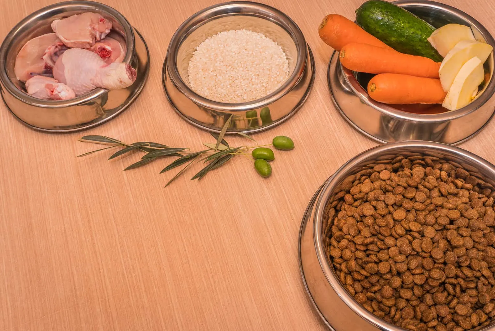 Lebensmittel in Edelstahl-Feedern mit Hühnchen, Reis, Karotten, Gemüse und Kürbis zubereitet