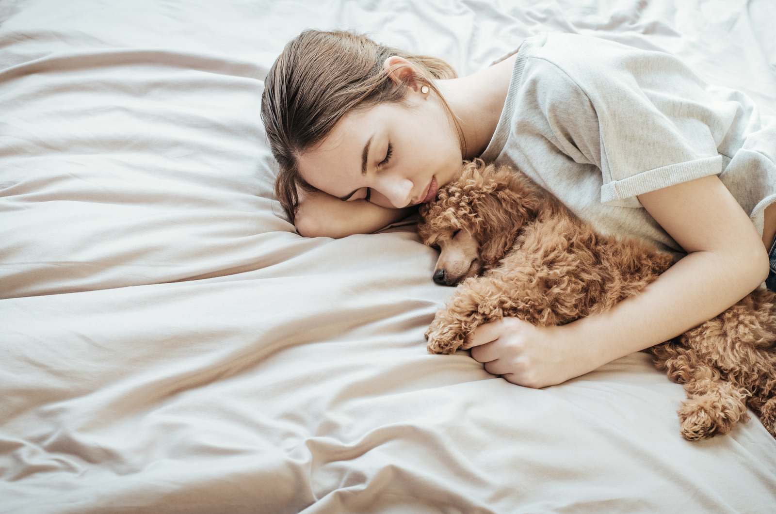 Frau liegt mit Hund im Bett