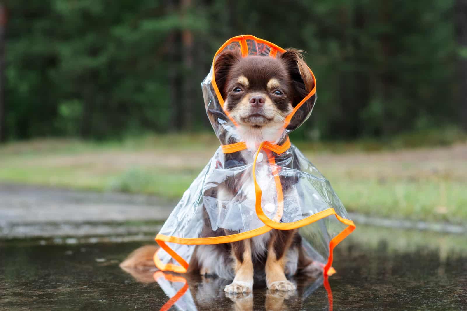 Hund sitzt in einer Regenpfütze und schaut in die Kamera