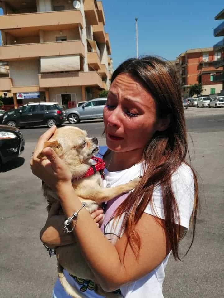 Frau haelt Hund in ihren Armen