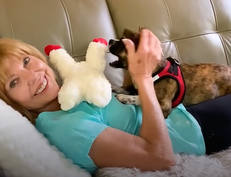 Laechelnde Frau spielt mit einem Hund auf der Couch
