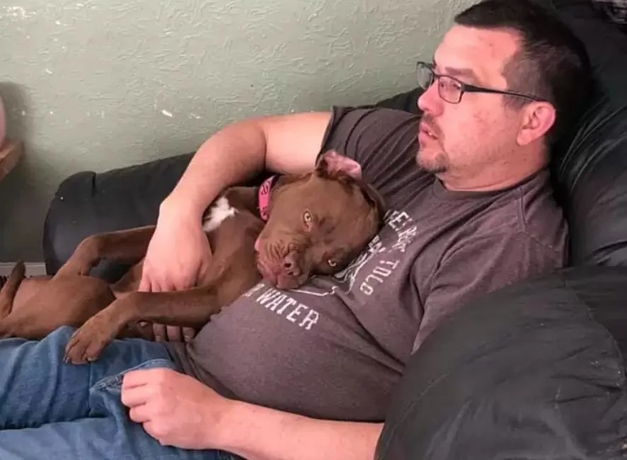 Mann hält Hund im Arm