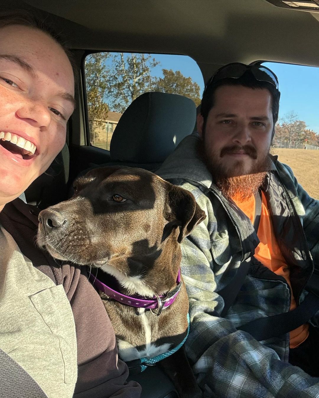 Mann und Frau mit Hund im Auto