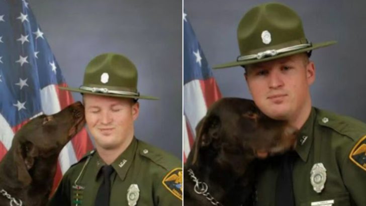 Polizeihund zeigt seine Zuneigung zu seinem Partner während des offiziellen Fotoshootings der Abteilung