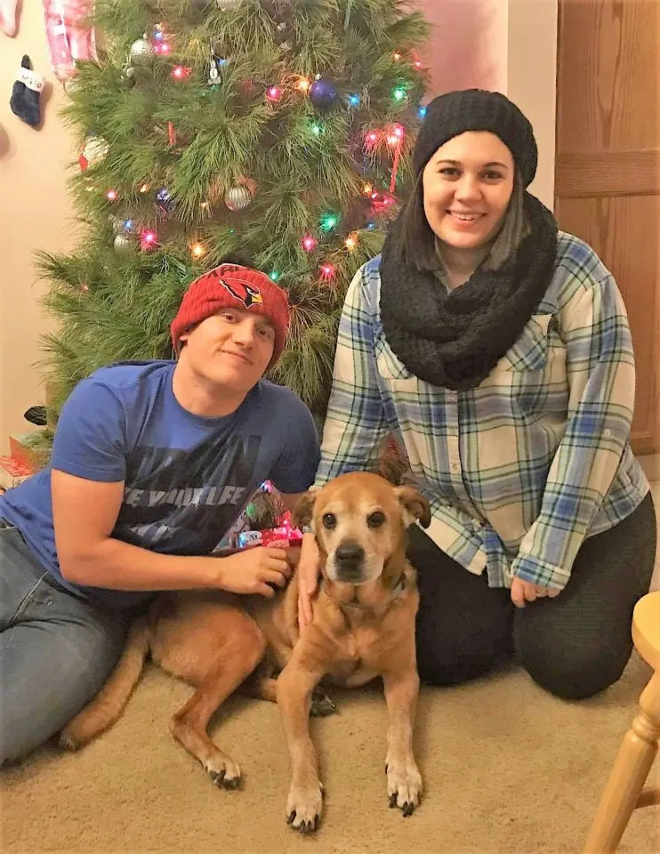 Seniorenhund vor Weihnachtsbaum mit seiner Familie