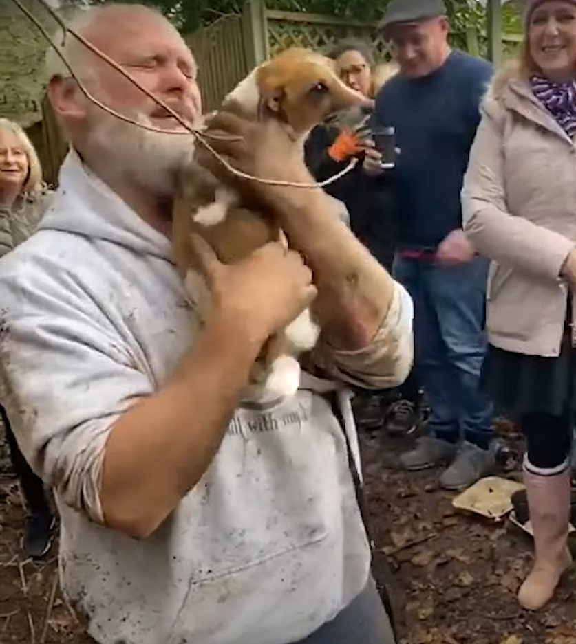 weinender Besitzer der seinen Hund in einer Menschenmenge haelt