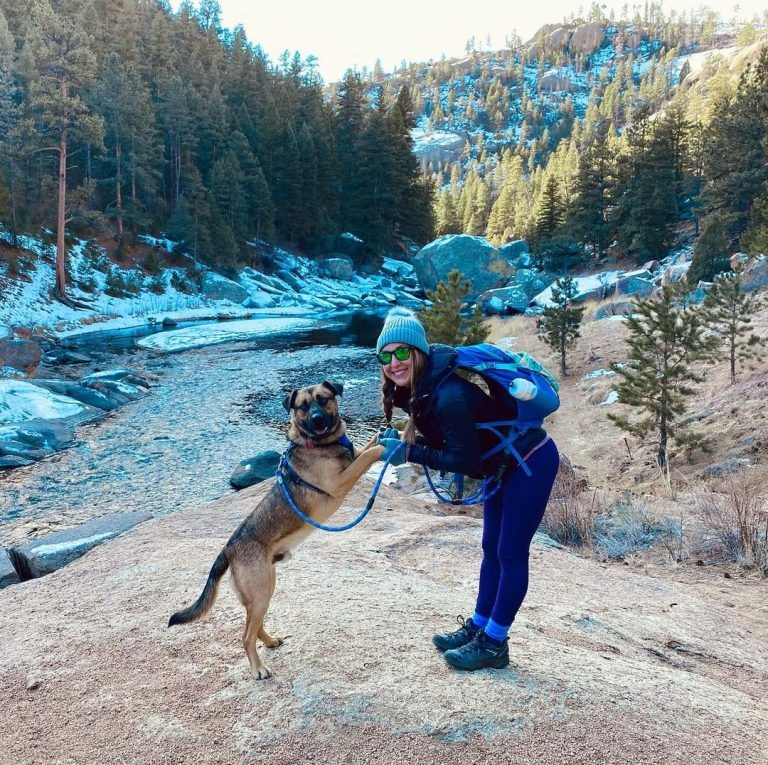 Hund mit Besitzerin auf einer Wanderung