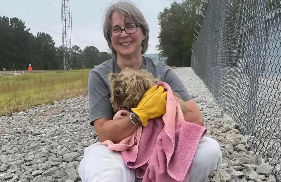 Frau haelt einen Hund im Arm