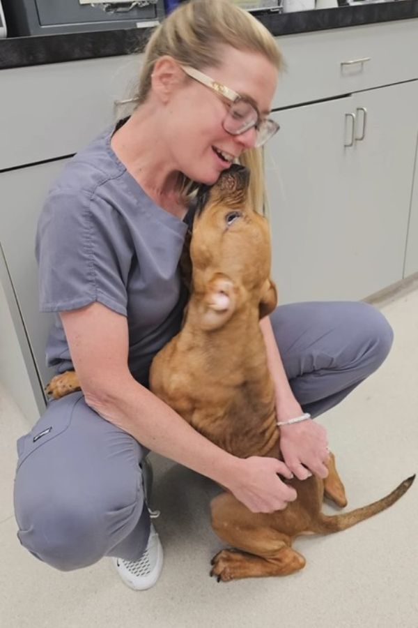 Frau kuschelt mit Hund